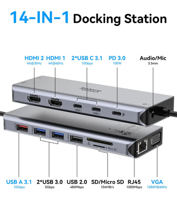 USB C Docking Station for Laptop Dual Monitors, Upgrade14 in 1 Triple Monitor Docking Station Display USB C Hub Dual HDMI Adapter Dongle Triple 4K Docking Station for Dell/Hp/Surface/Macbook